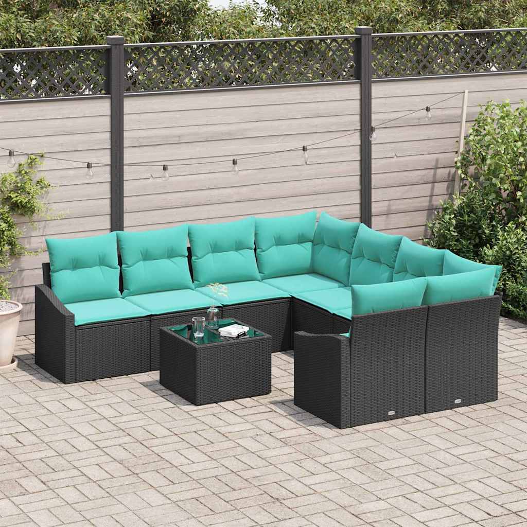 Sofa Sæt med pude med pude 9 pcs Sort og Turkis polyrattan