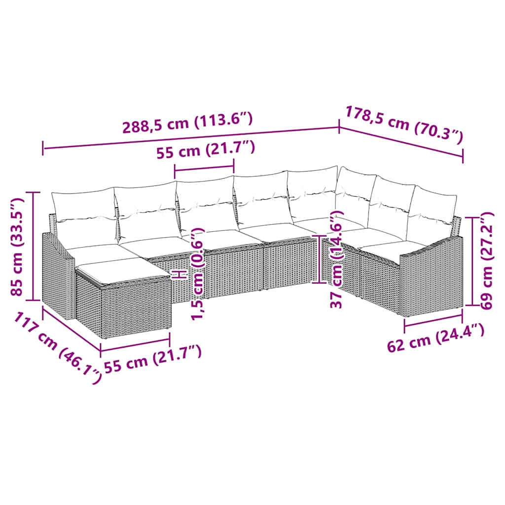 Sofa Sæt 8 stk. Lysegrå polyrattan