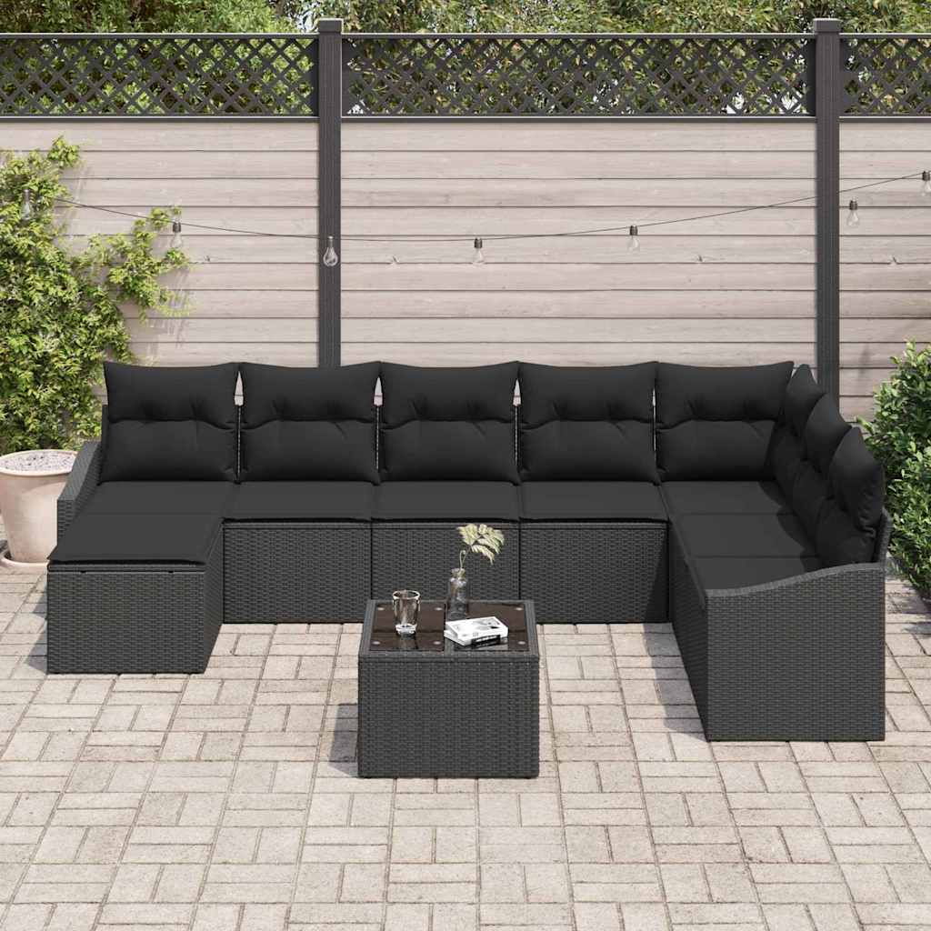 Sofa Sæt med pude 9 pcs Sort polyrattan