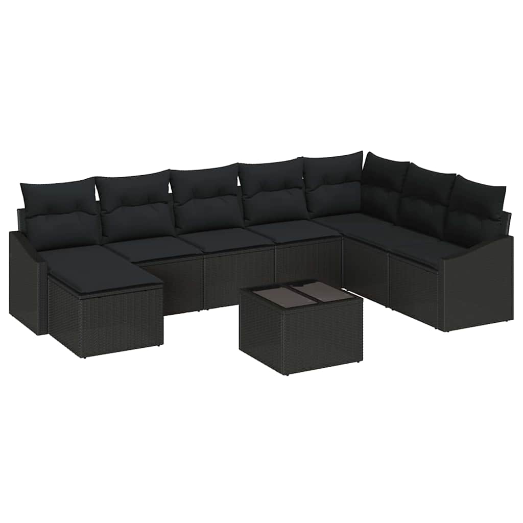 Sofa Sæt med pude 9 pcs Sort polyrattan