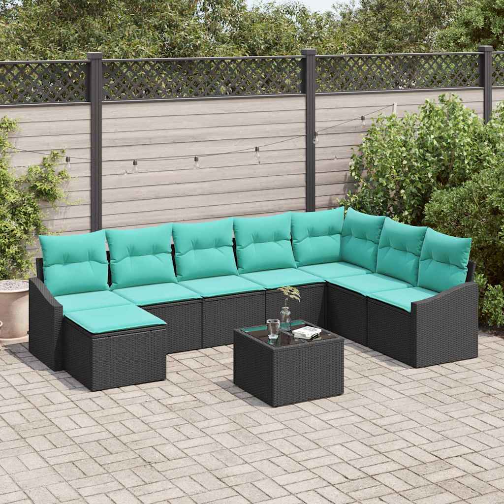 Sofa Sæt med pude 9 pcs Sort polyrattan