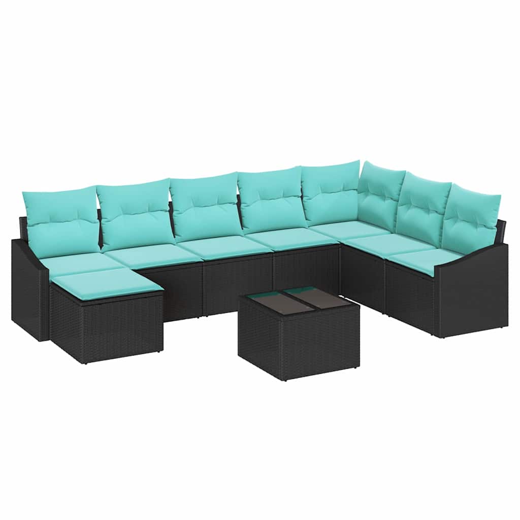 Sofa Sæt med pude 9 pcs Sort polyrattan
