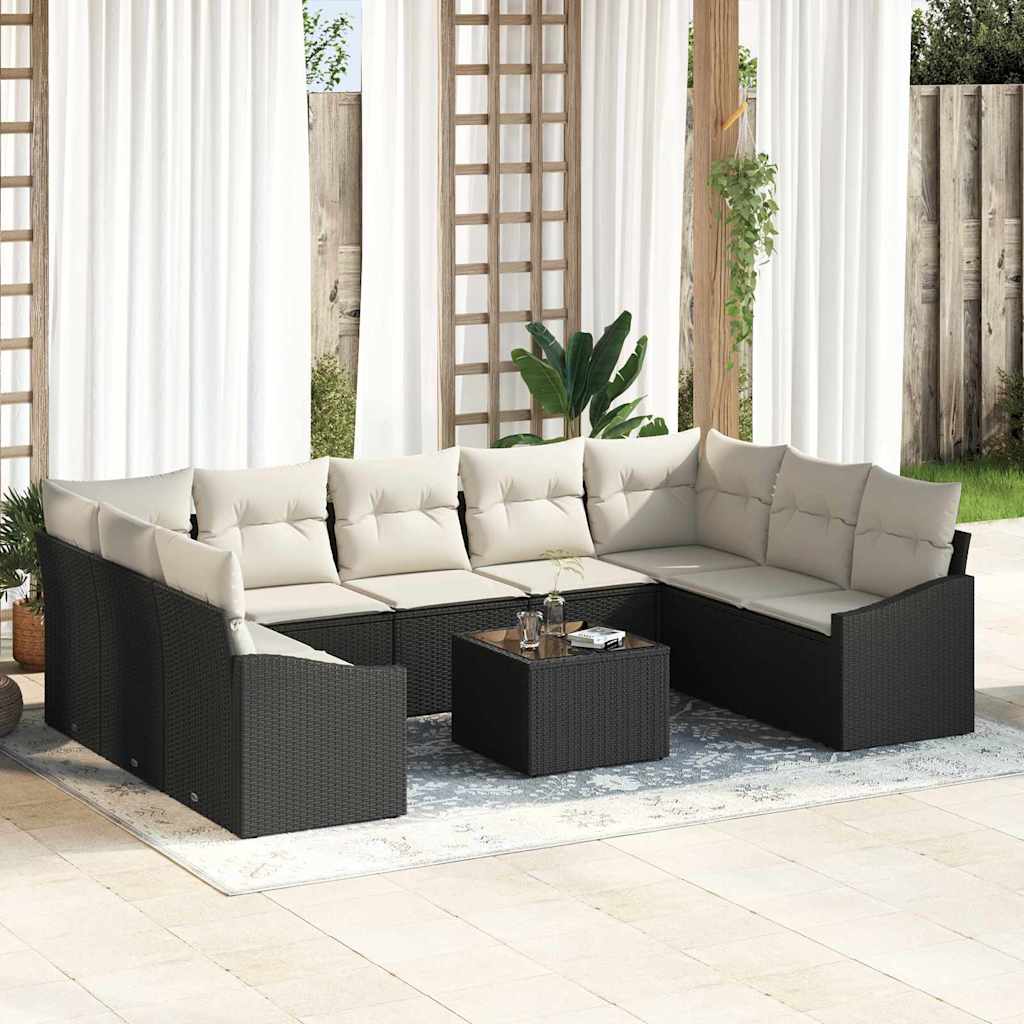 Sofa Sæt med pude 10 pcs Sort polyrattan