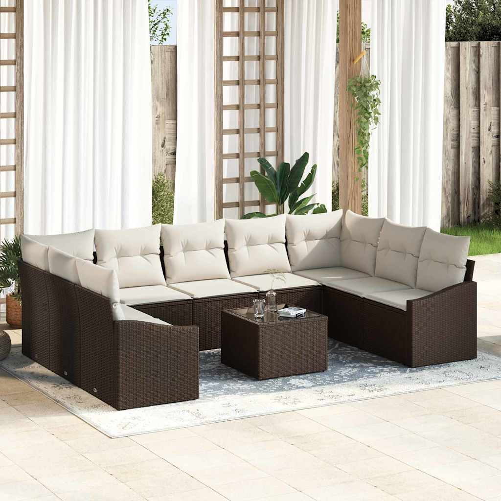 Sofa Sæt med pude 10 pcs Brun polyrattan