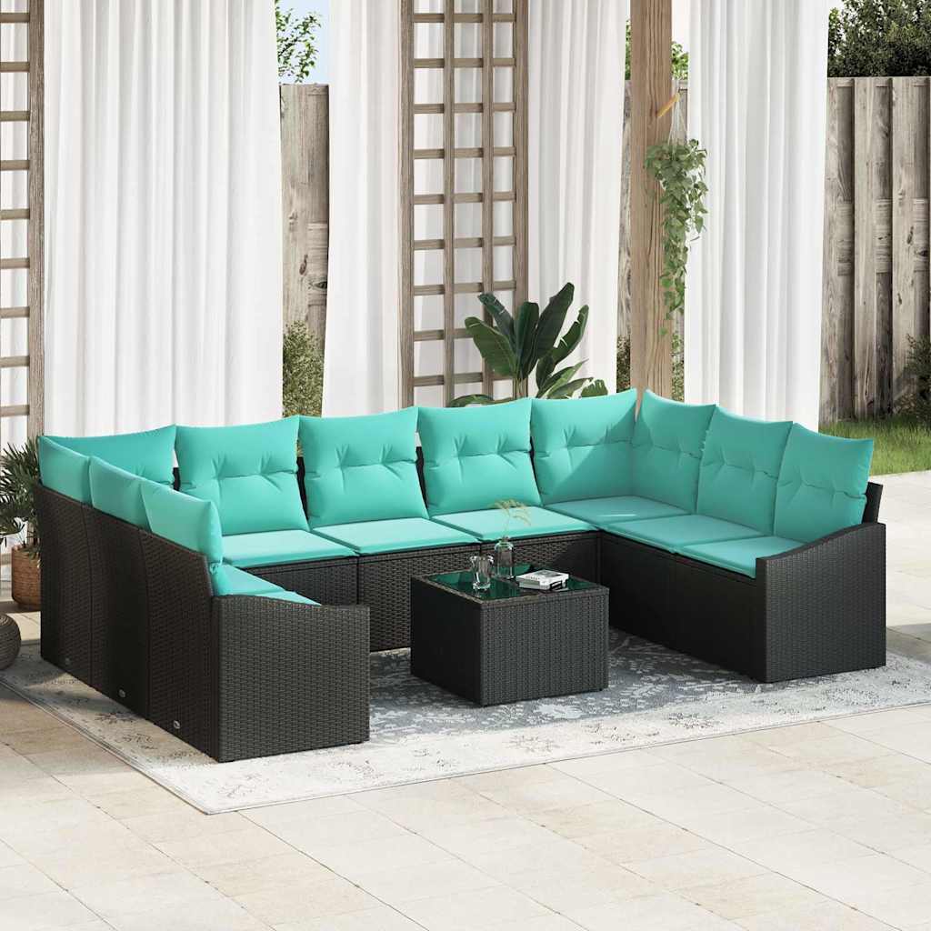 Sofa Sæt med pude 10 pcs Sort polyrattan