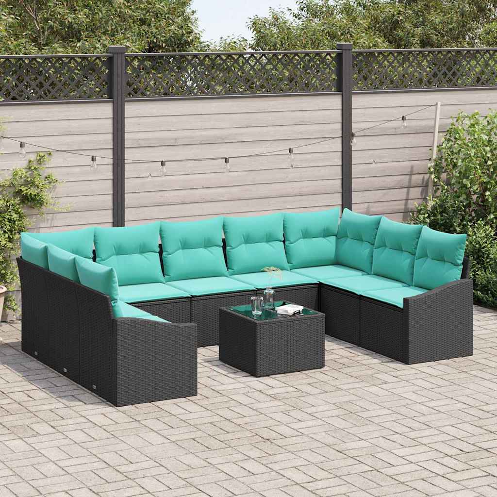 Sofa Sæt med pude 10 pcs Sort polyrattan