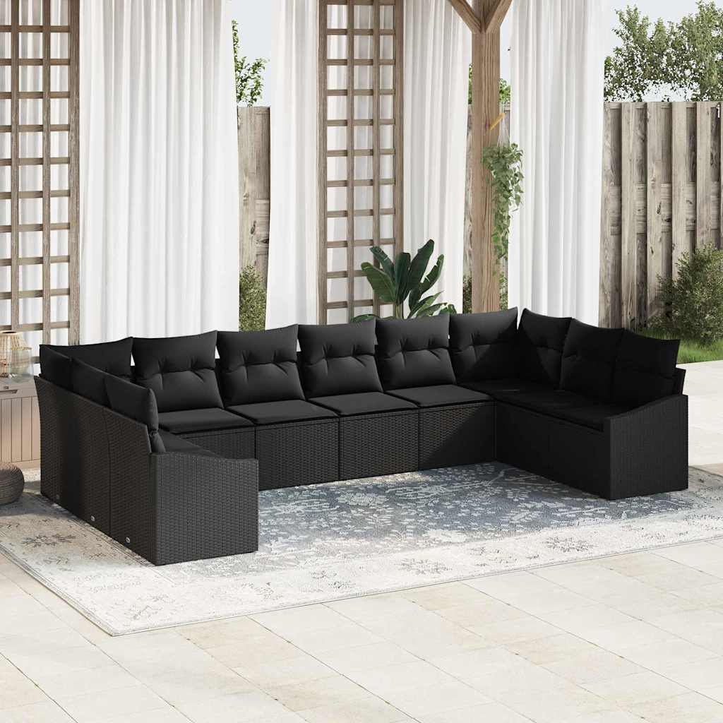 Sofa Sæt med pude 10 pcs Sort polyrattan