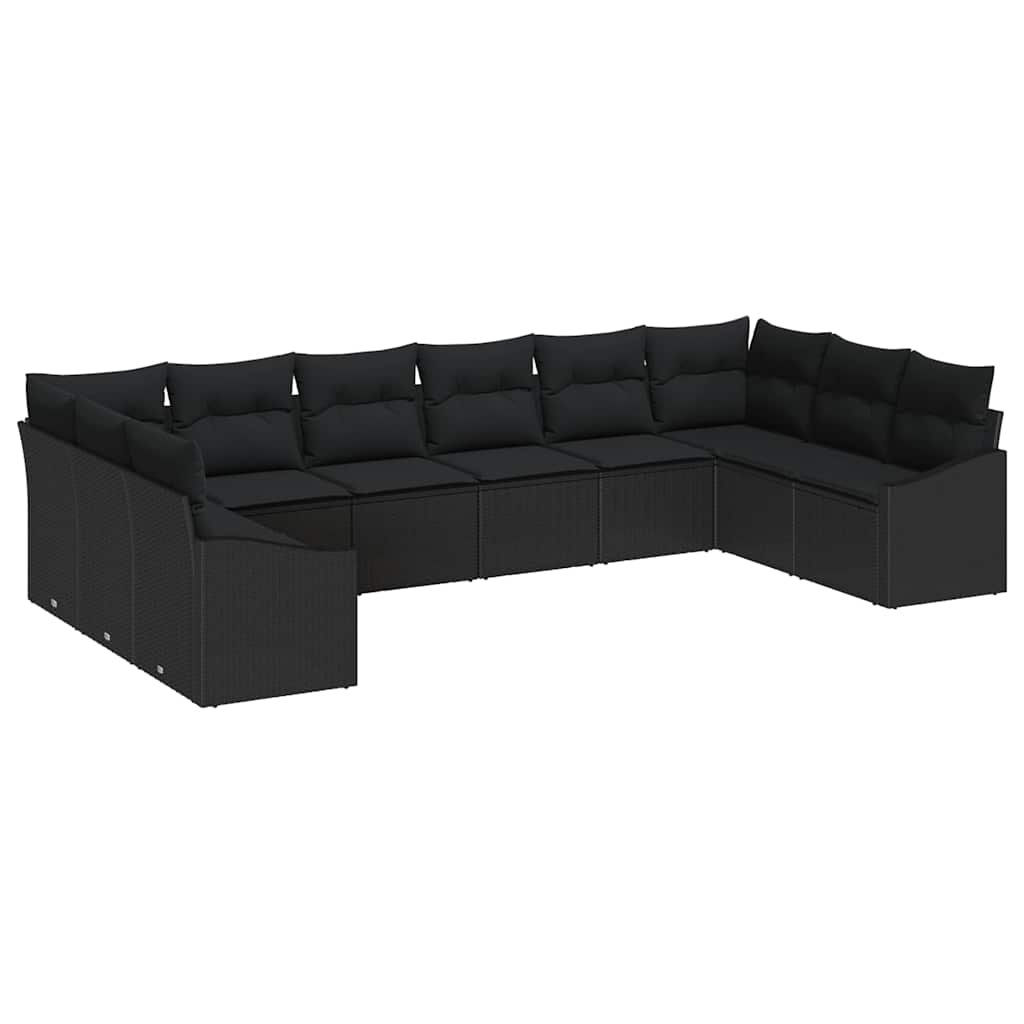 Sofa Sæt med pude 10 pcs Sort polyrattan