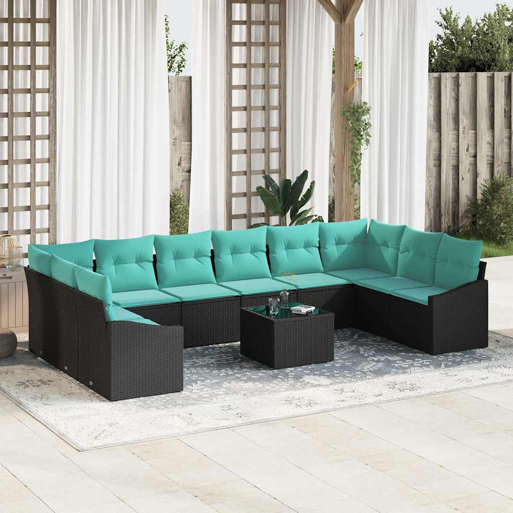 Sofa Sæt med pude 11 pcs Sort polyrattan