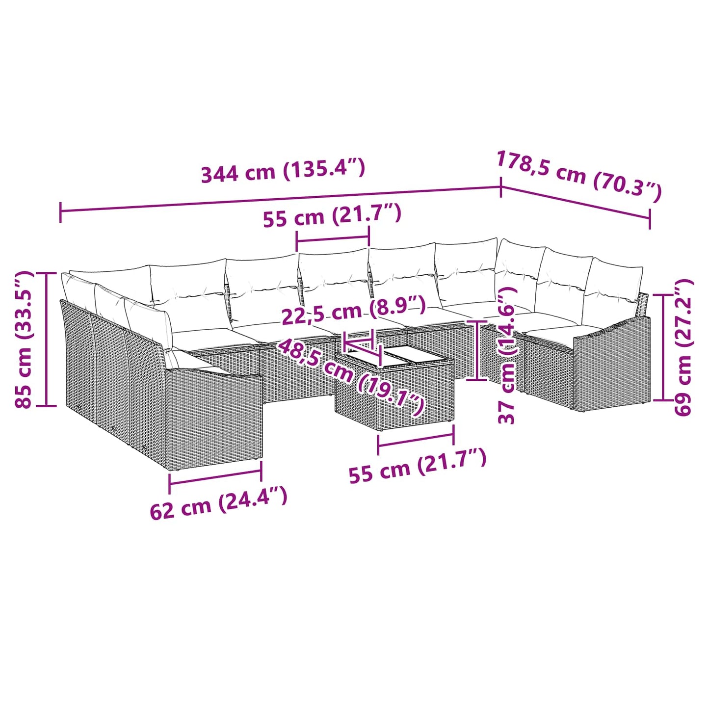 Sofa Sæt med pude 11 pcs Sort polyrattan