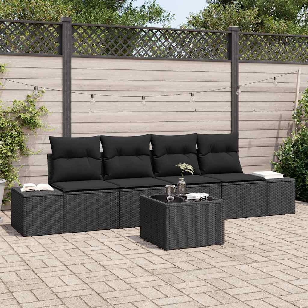 Sofa Sæt med pude med pude 5 pcs Sort polyrattan