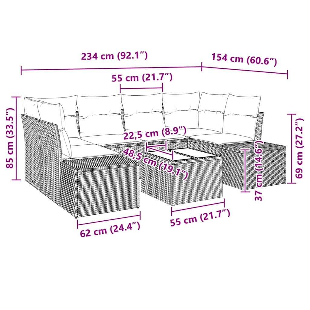 Havesofa Sæt med pude 7 pcs Sort polyrattan