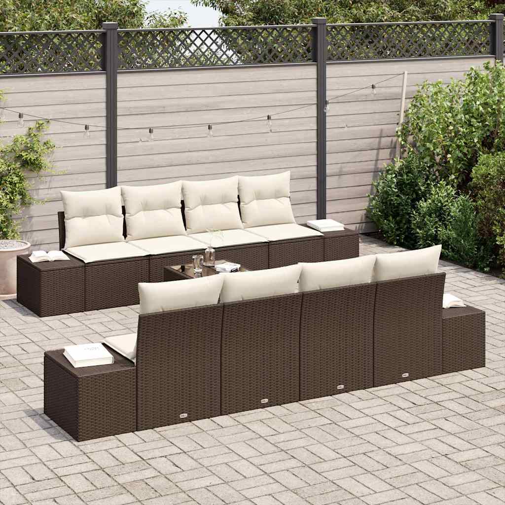 Havesofa Sæt med pude 7 pcs Brun og cremefarvet polyrattan