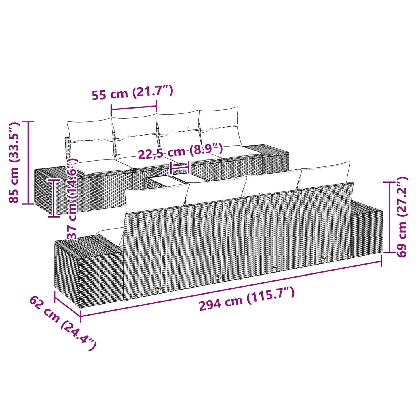 Havesofa Sæt 9 stk. Sort polyrattan