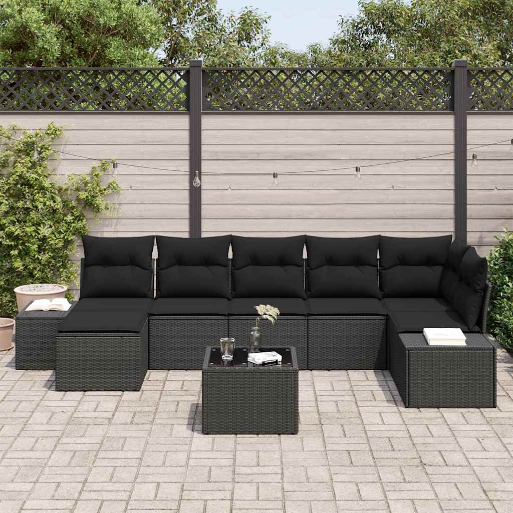 Havesofa Sæt med pude 8 pcs Sort polyrattan