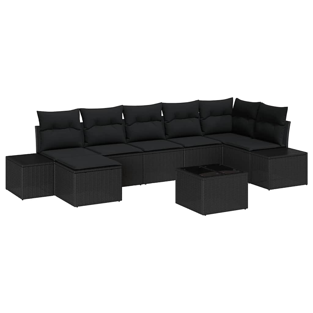 Havesofa Sæt med pude 8 pcs Sort polyrattan