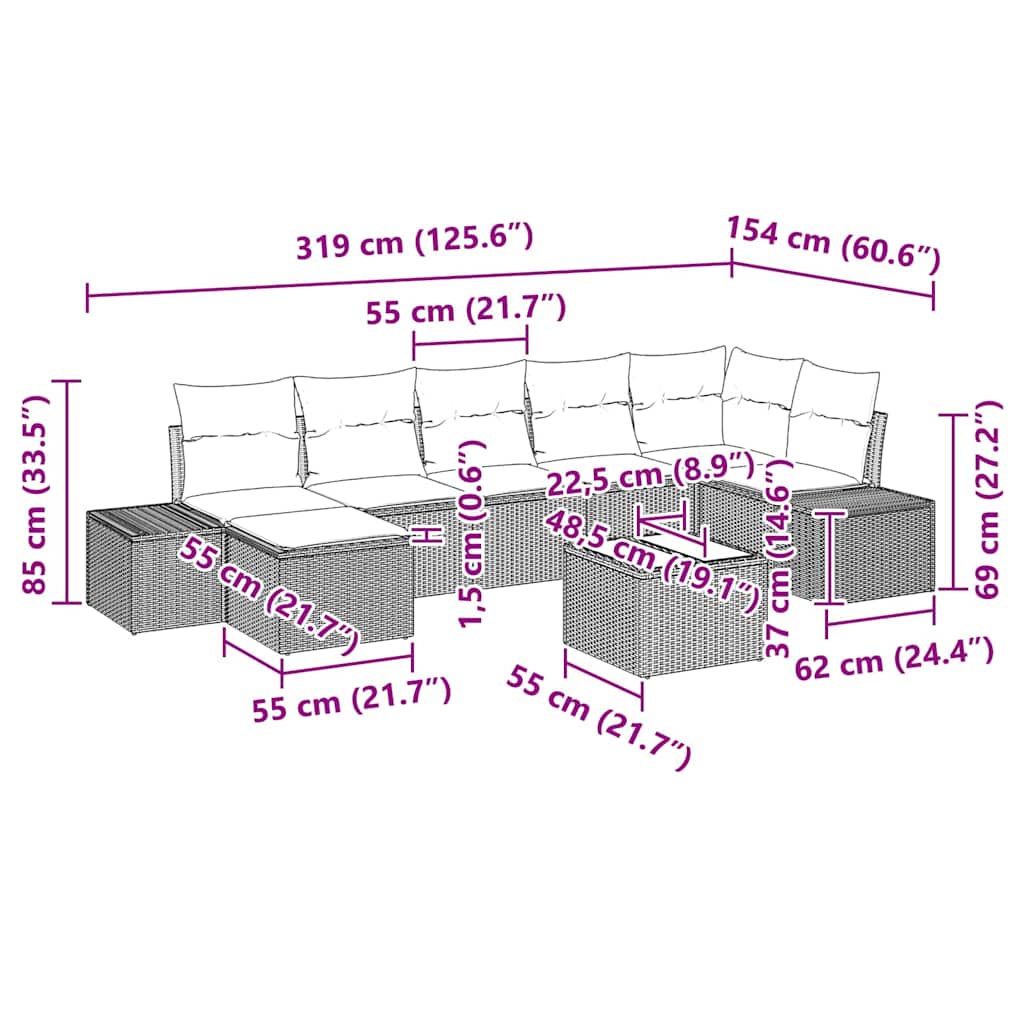 Havesofa Sæt med pude 8 pcs Sort polyrattan