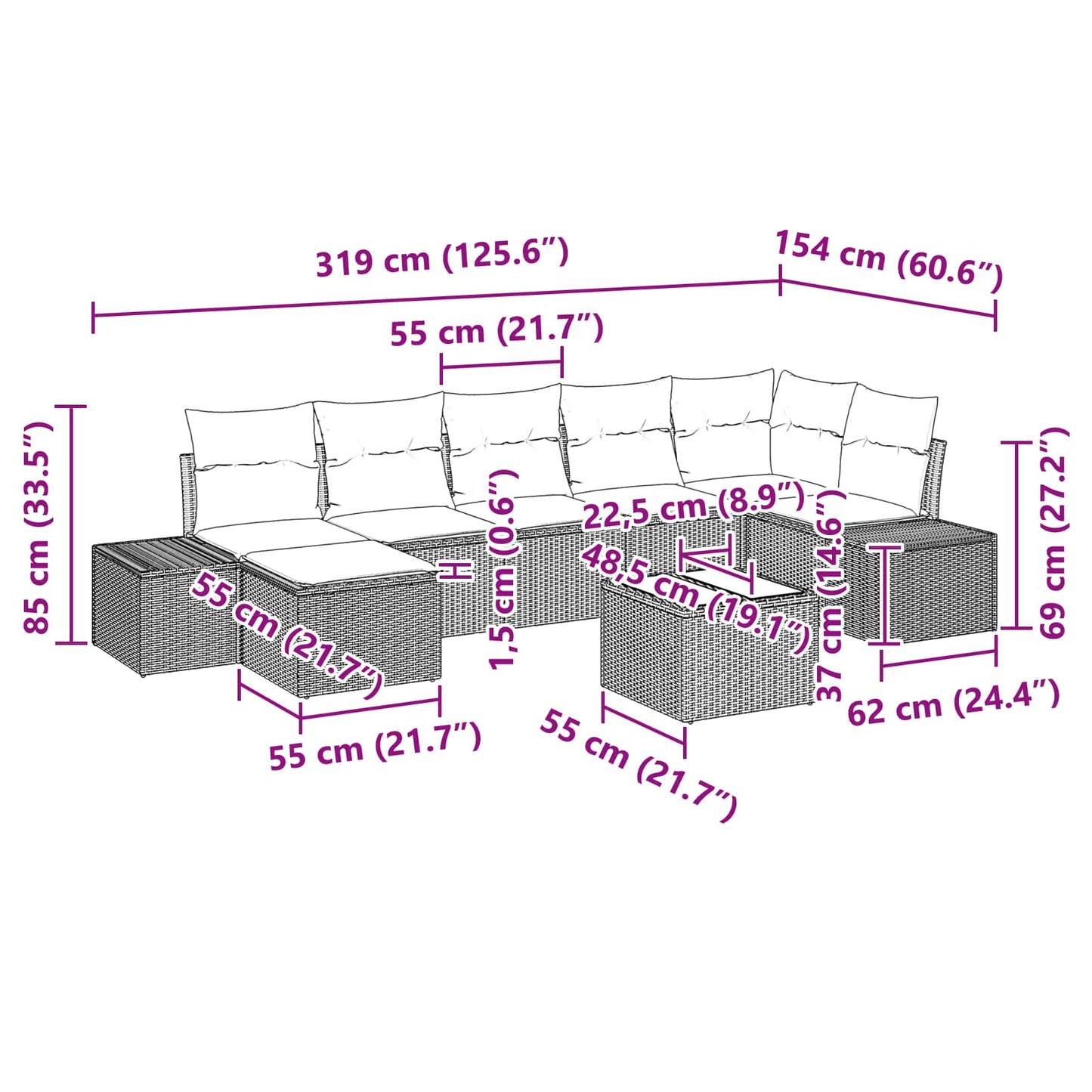 Havesofa Sæt med pude 8 pcs Brun polyrattan