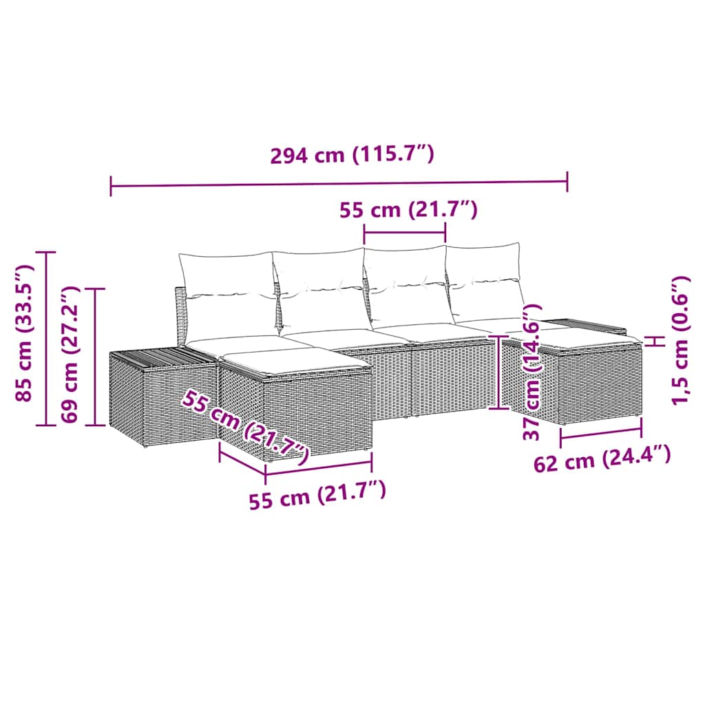 Havesofa Sæt med pude 6 pcs Lysegrå polyrattan