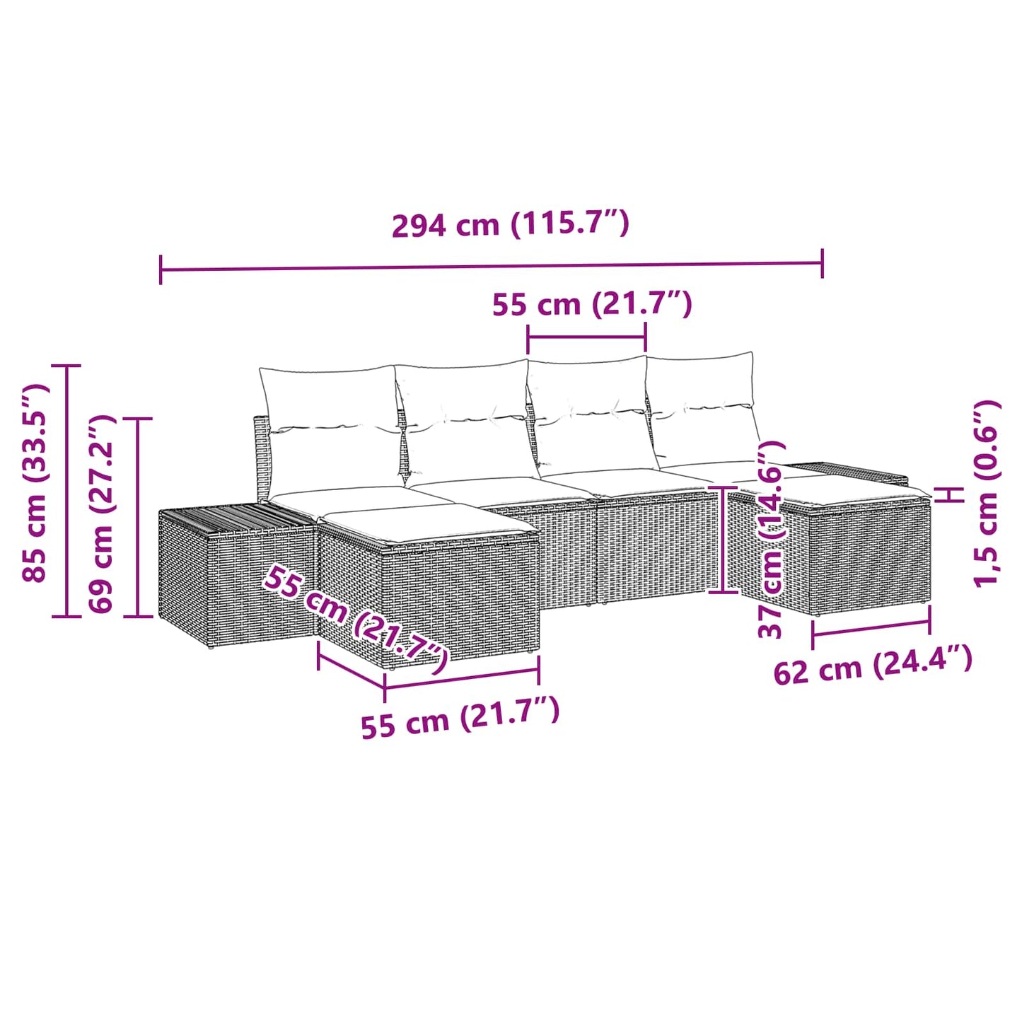 Havesofa Sæt med pude 6 pcs Brun polyrattan