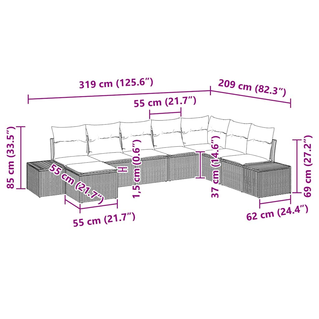 Havesofa Sæt med pude 8 pcs Sort polyrattan