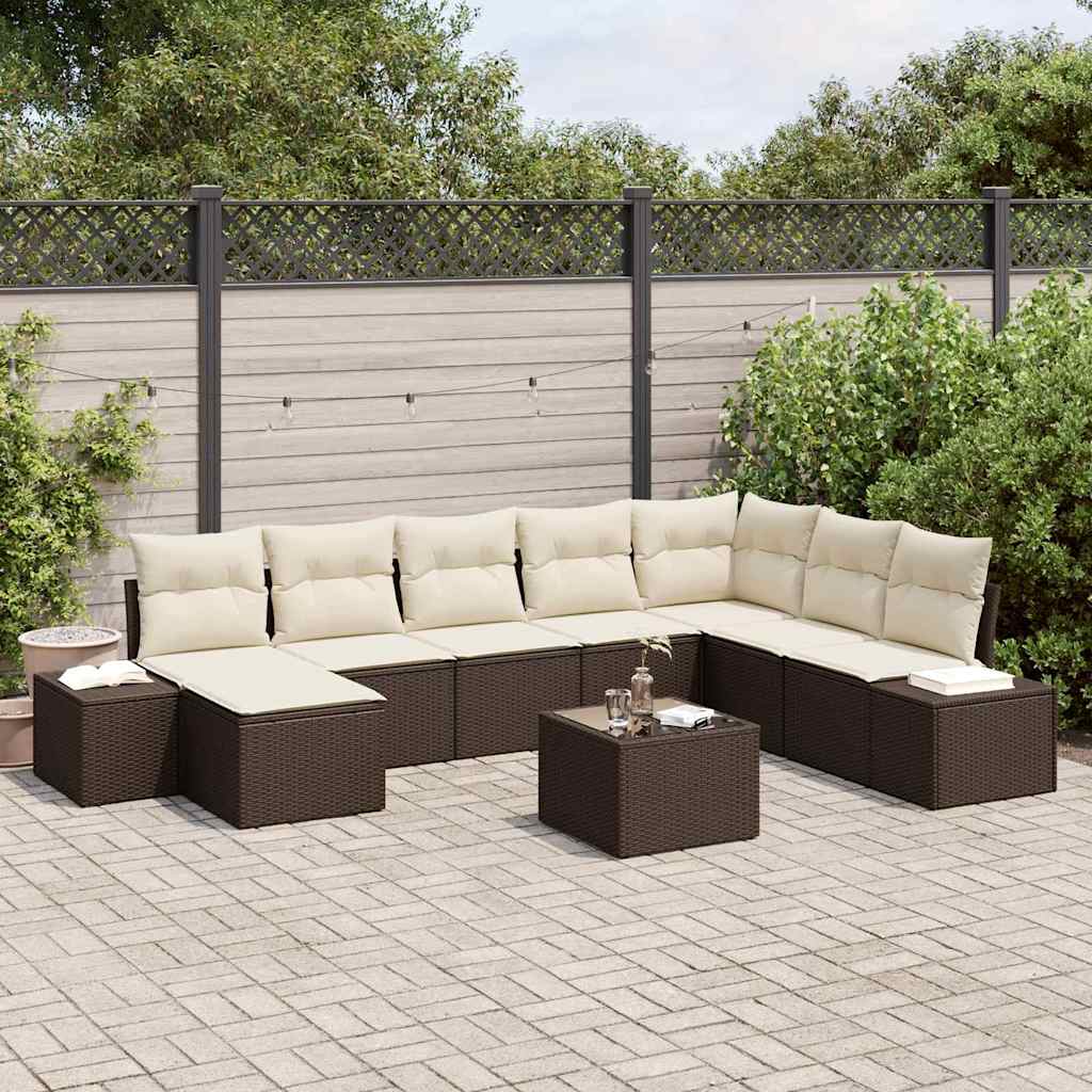 Havesofa Sæt med pude 9 pcs Brun polyrattan