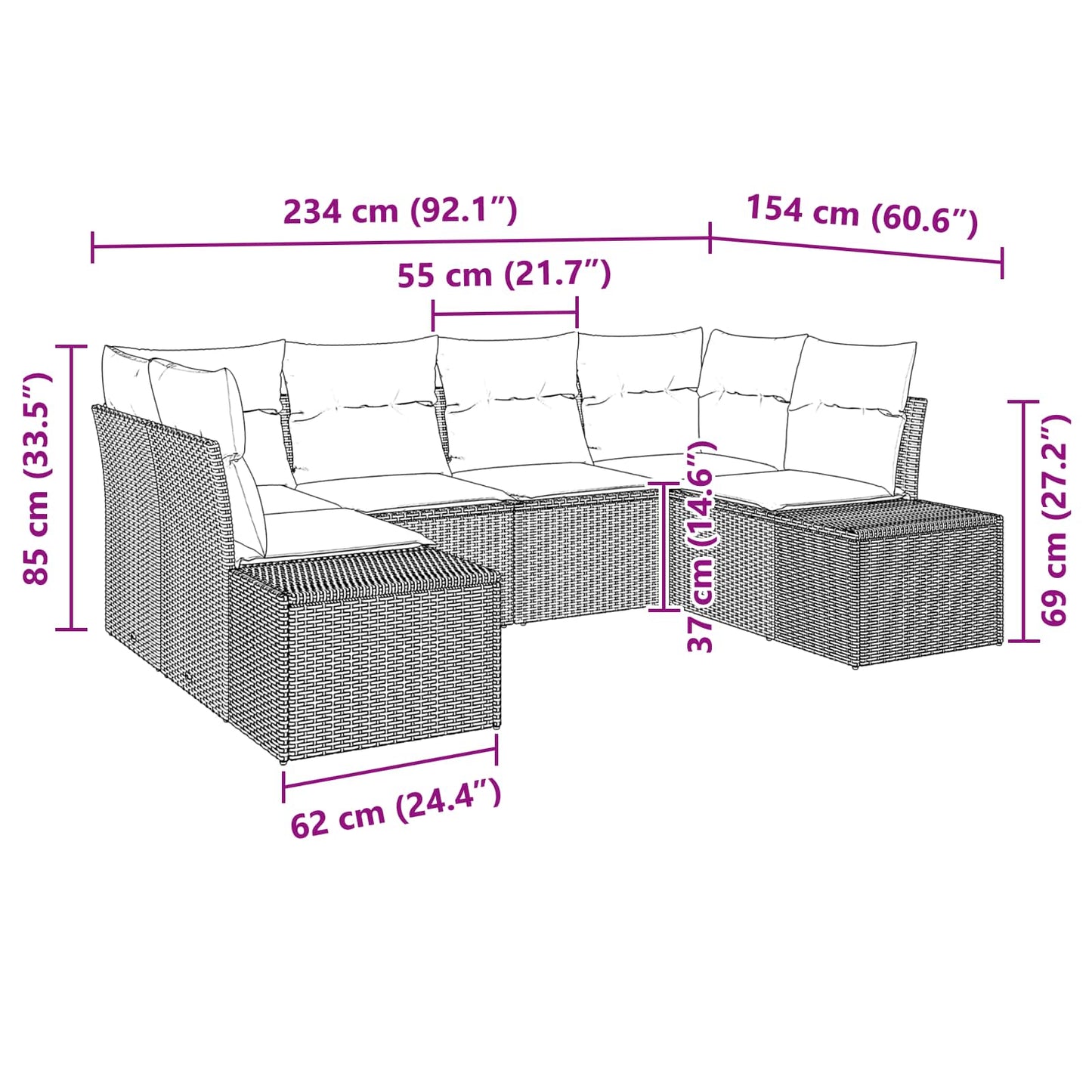 Havesofa Sæt med pude 6 pcs Brun polyrattan