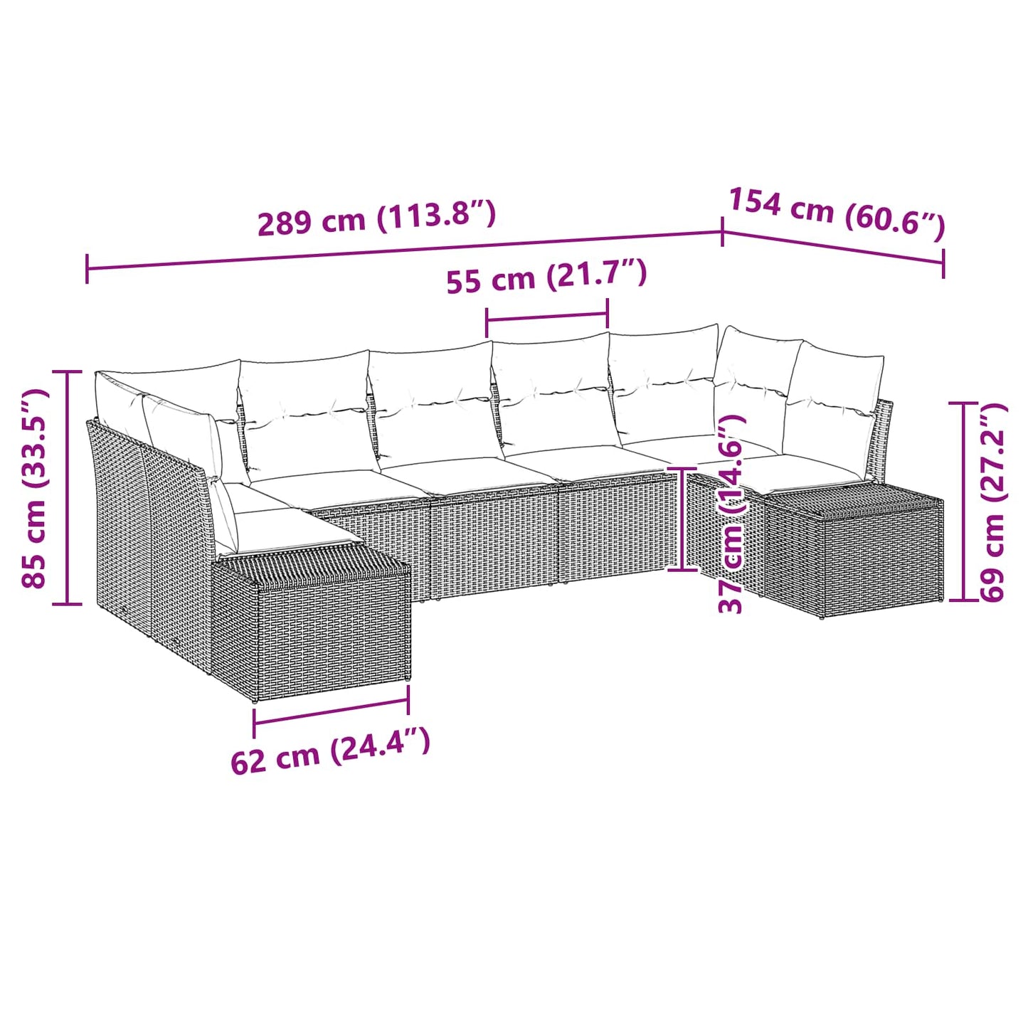 Havesofa Sæt med pude 7 pcs Brun polyrattan