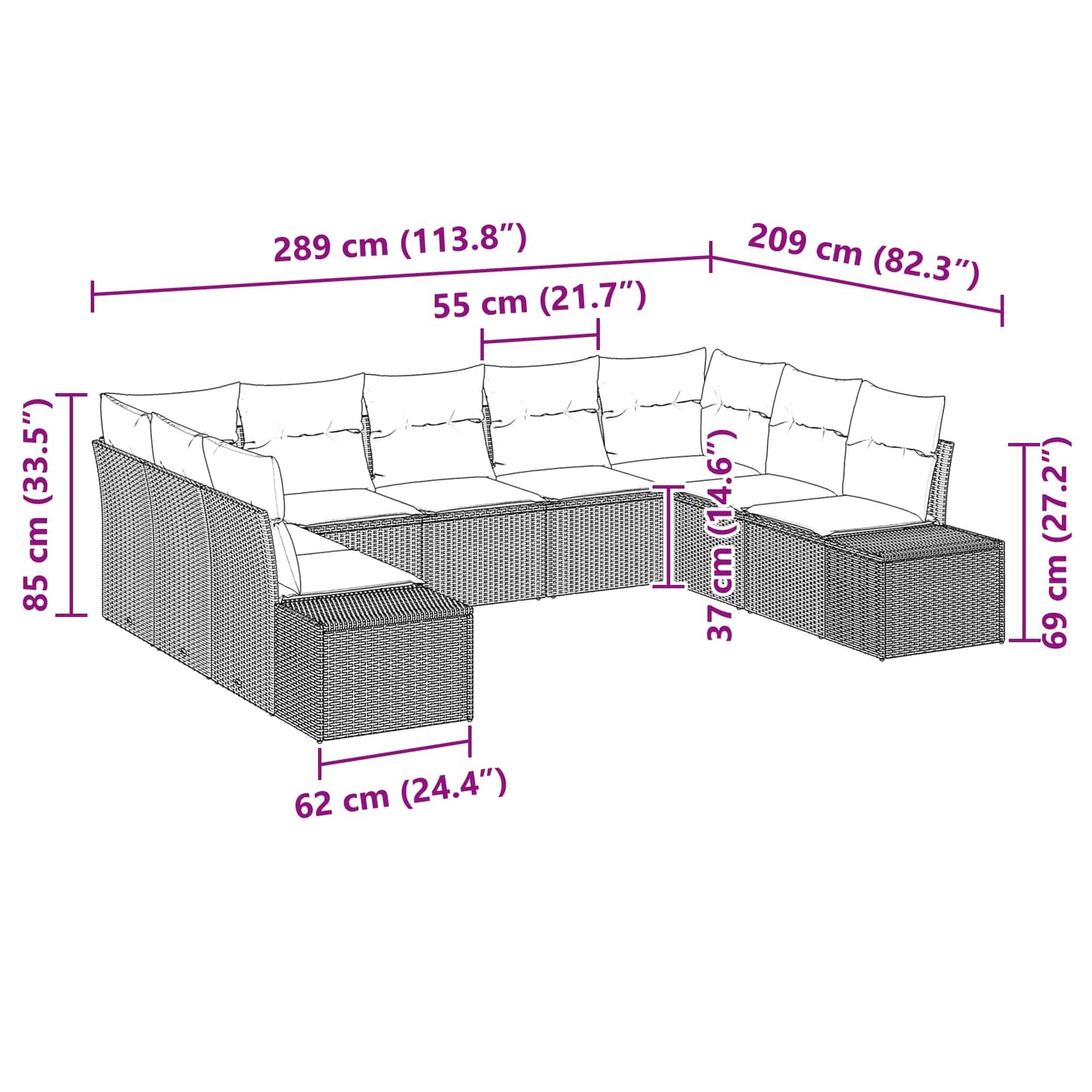 Havesofa Sæt med pude 9 pcs Brun polyrattan
