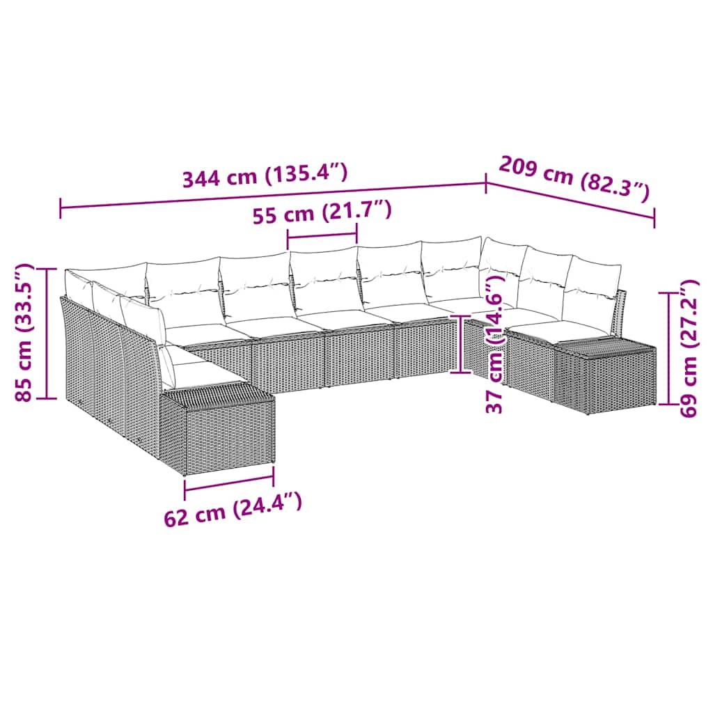 Havesofa Sæt med pude 10 pcs Grå polyrattan