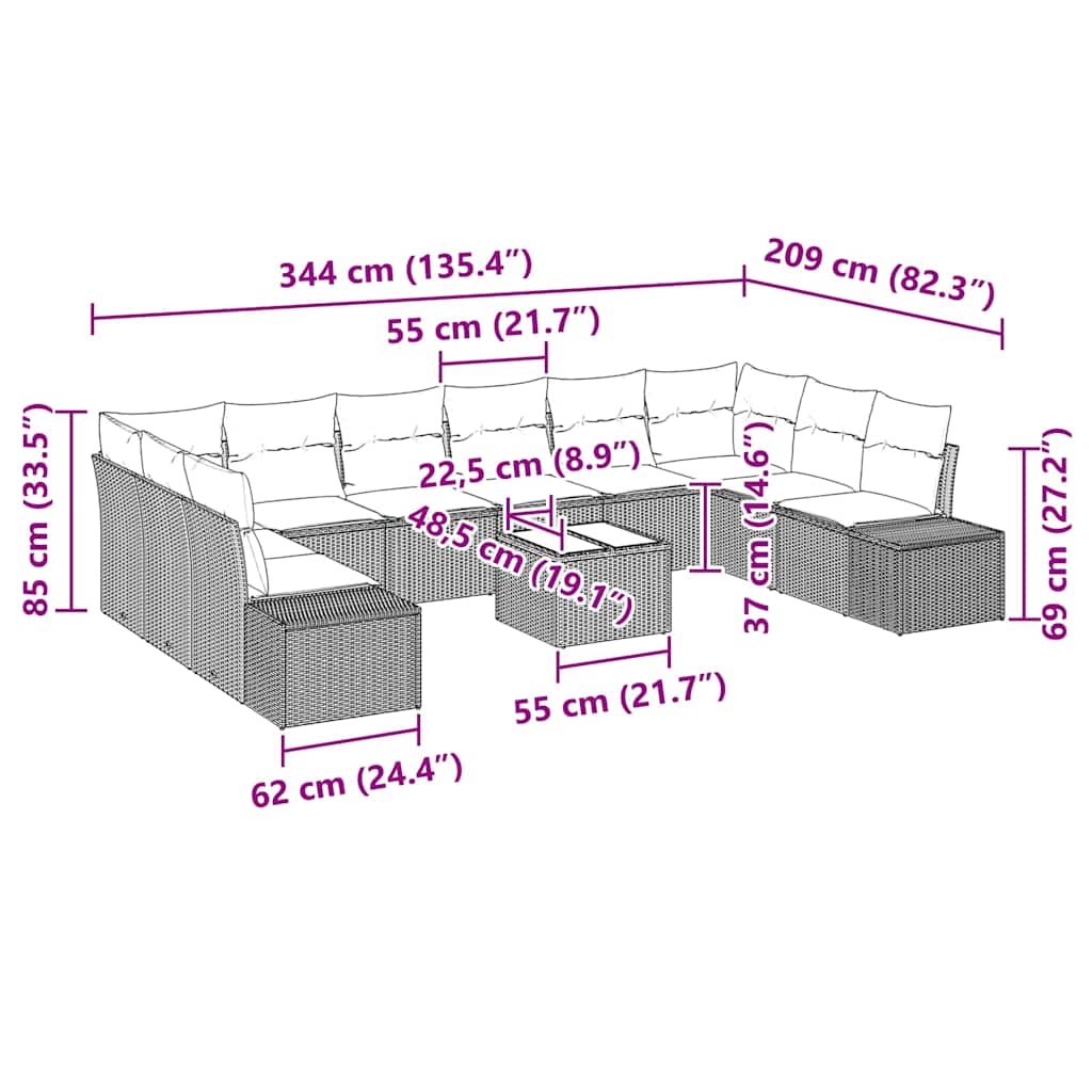 Havesofa Sæt med pude 11 pcs Lysegrå polyrattan