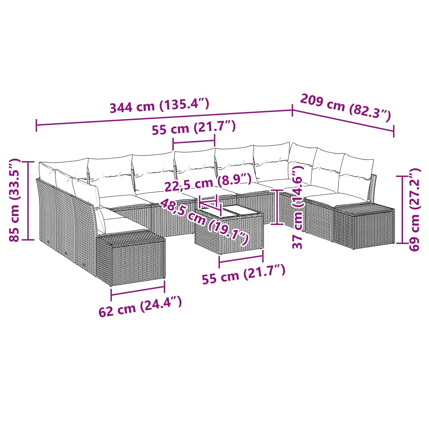 Havesofa Sæt med pude 11 pcs Brun polyrattan