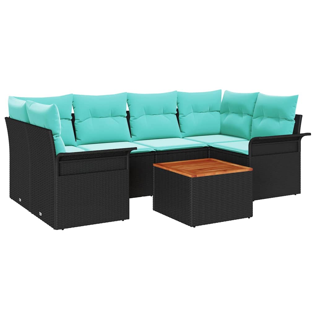 Havesofa Sæt med pude 7 pcs Sort polyrattan