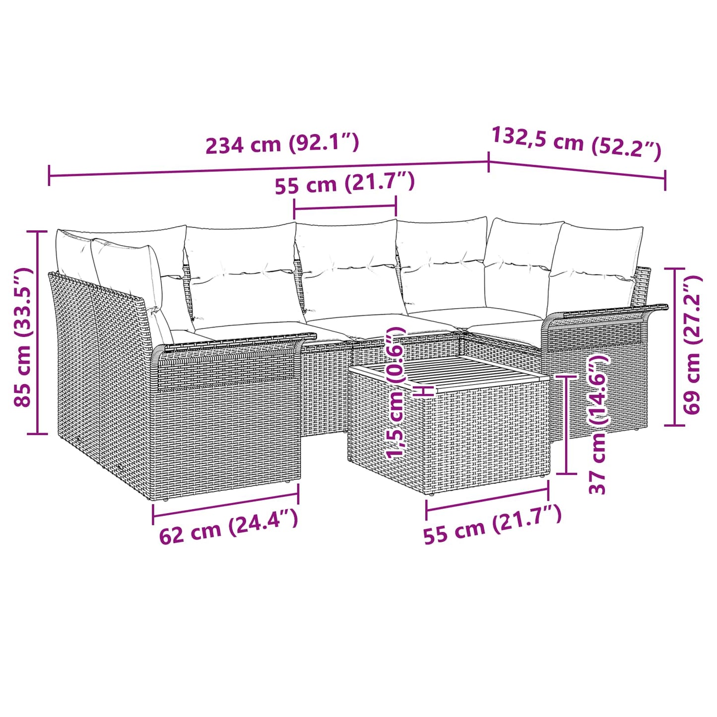 Havesofa Sæt med pude 7 pcs Sort polyrattan
