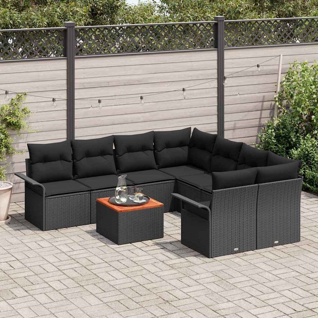 Havesofa Sæt med pude 9 pcs Sort polyrattan