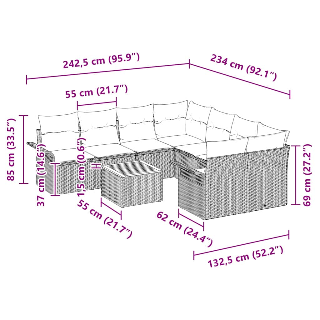 Havesofa Sæt med pude 9 pcs Sort polyrattan