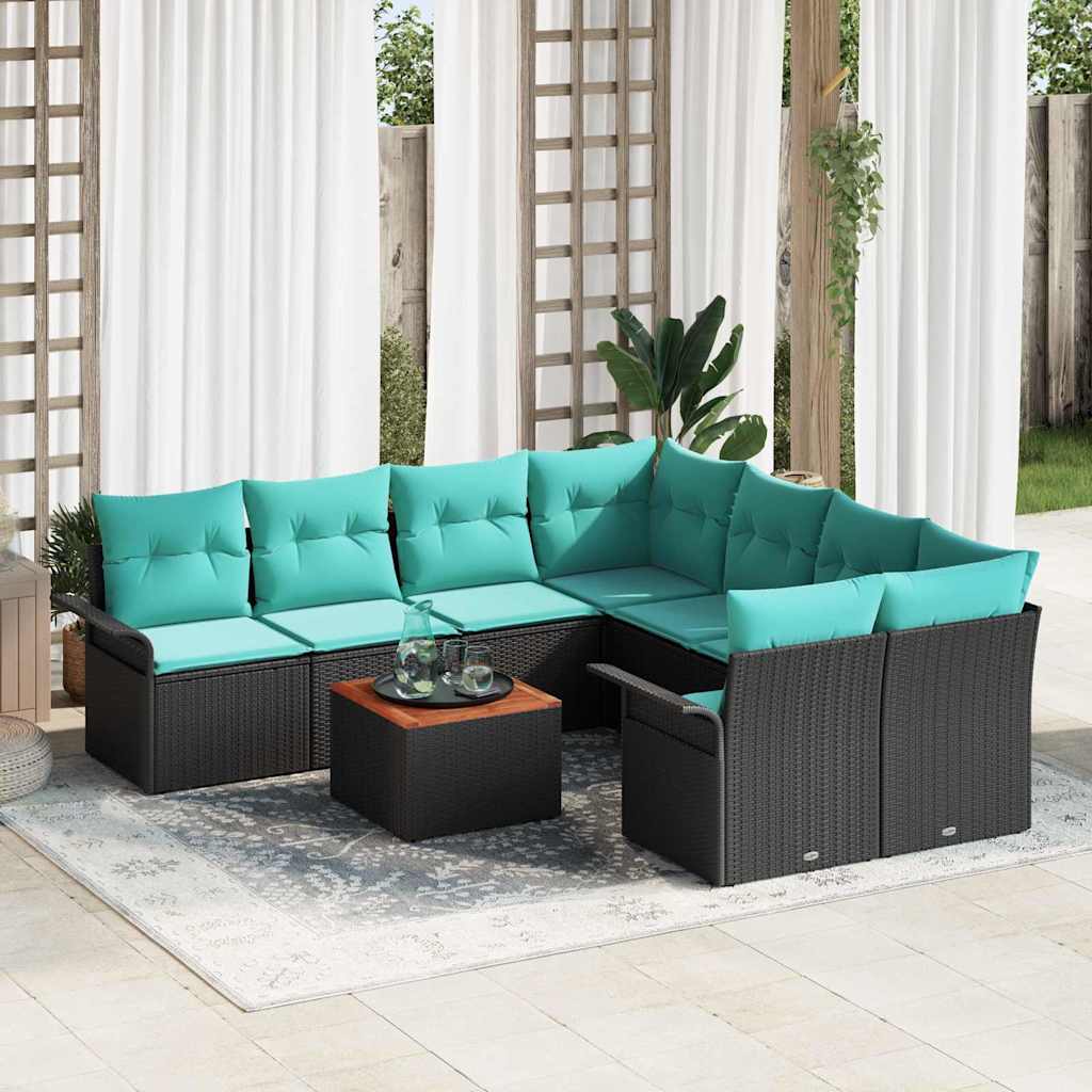 Havesofa Sæt med pude 9 pcs Sort polyrattan