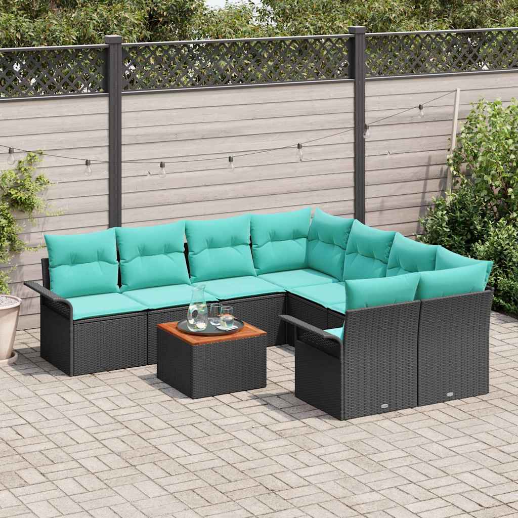 Havesofa Sæt med pude 9 pcs Sort polyrattan