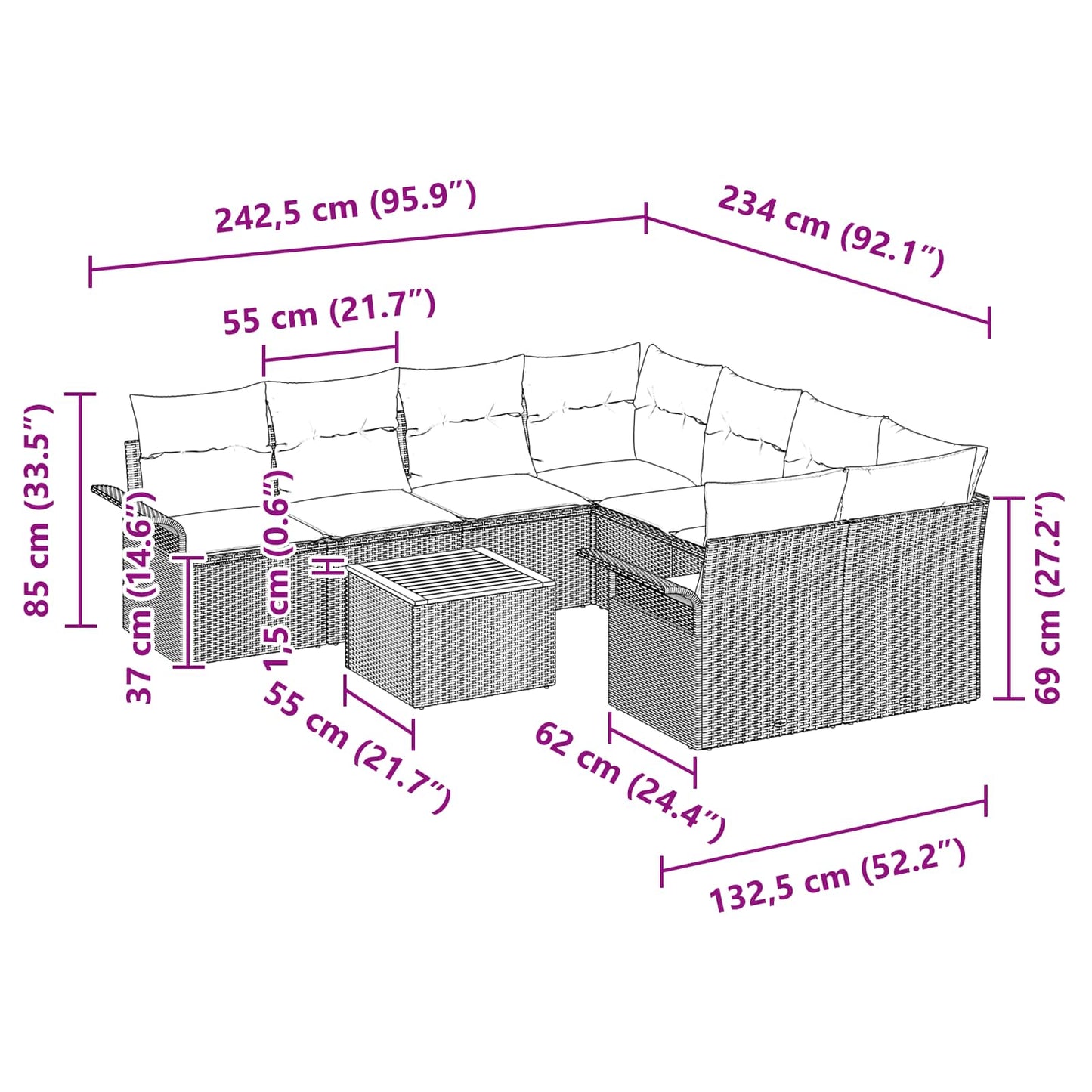 Havesofa Sæt med pude 9 pcs Sort polyrattan