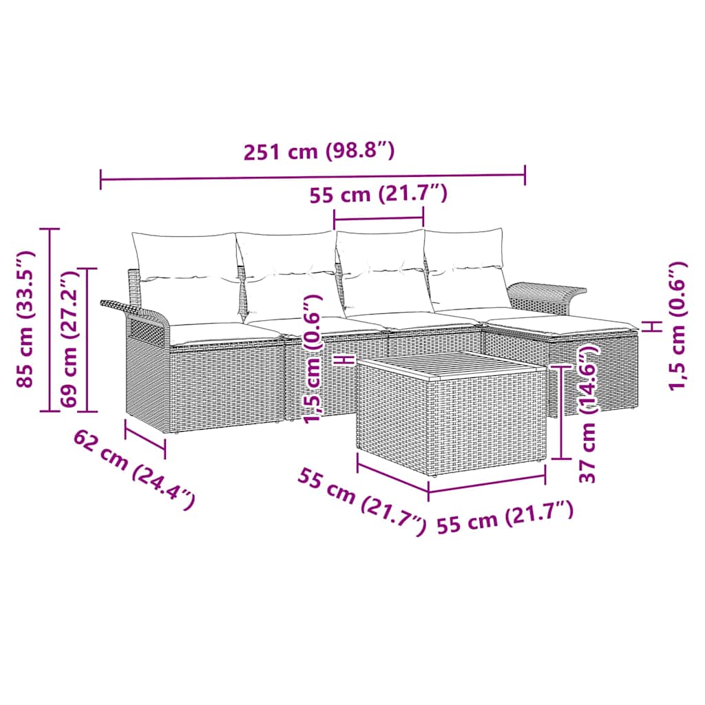 Havesofa Sæt med pude 6 pcs Beige polyrattan