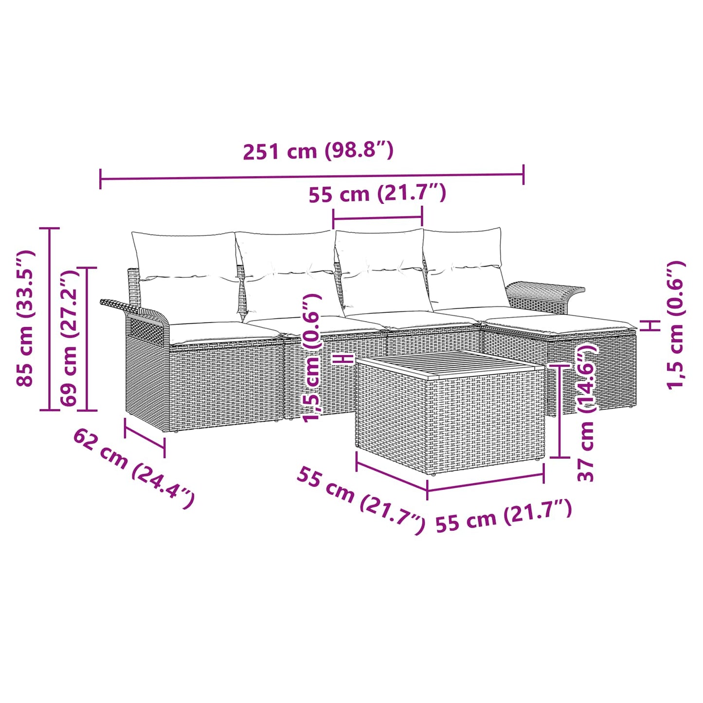 Havesofa Sæt med pude 6 pcs Grå polyrattan