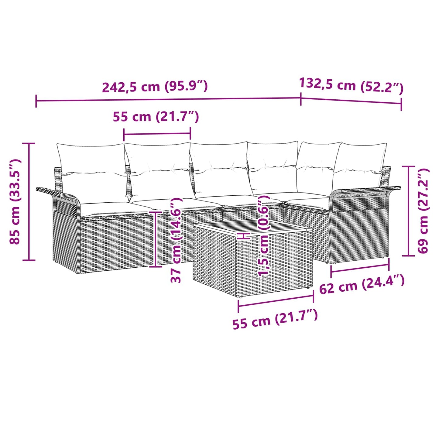 Havesofa Sæt med pude 6 pcs Sort polyrattan