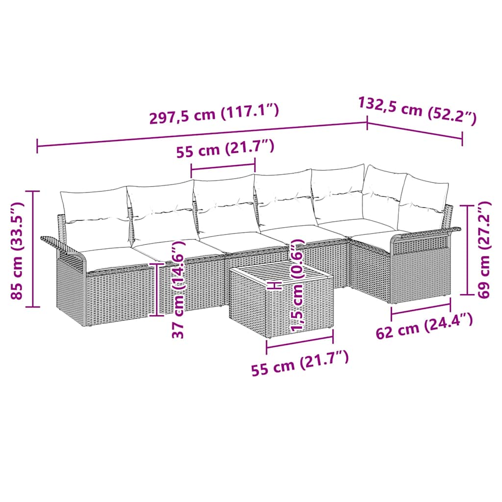 Havesofa Sæt med pude 7 pcs Grå polyrattan