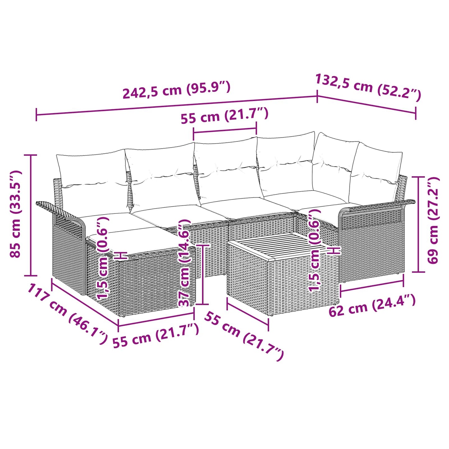 Havesofa Sæt med pude 7 pcs Sort polyrattan