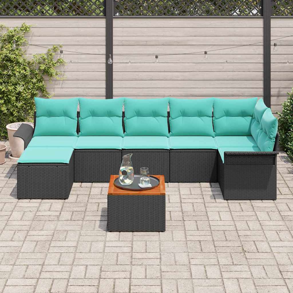 Havesofa Sæt med pude 8 pcs Sort polyrattan