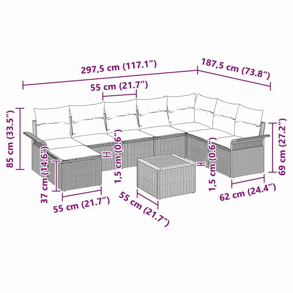 Havesofa Sæt med pude 9 pcs Beige polyrattan