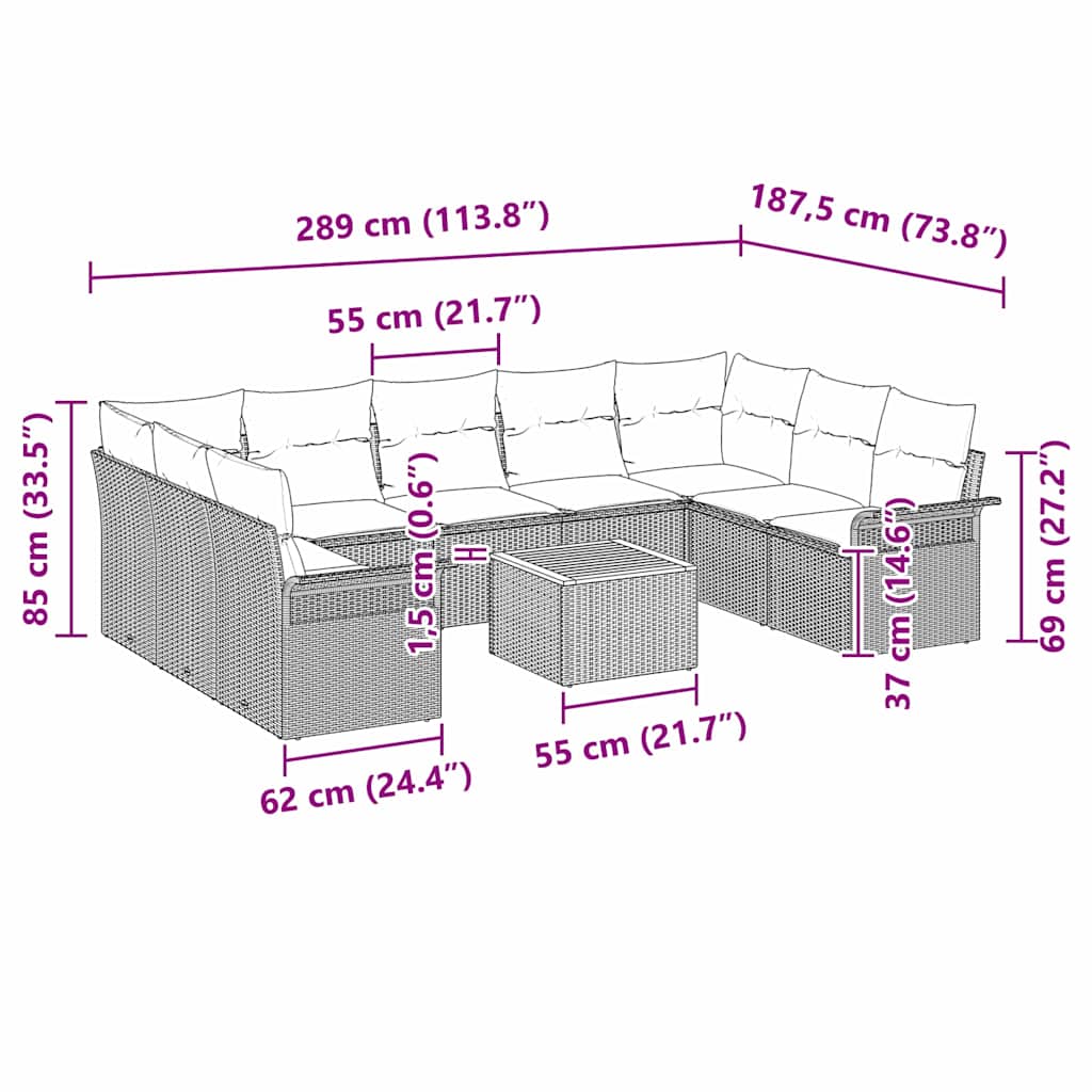 Havesofa Sæt med pude 10 pcs Beige polyrattan