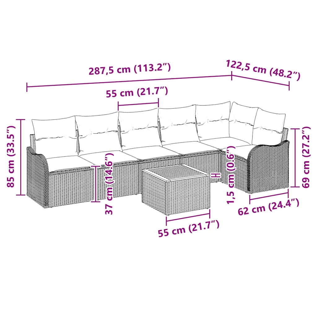 Havesofa Sæt med pude 7 pcs Grå polyrattan