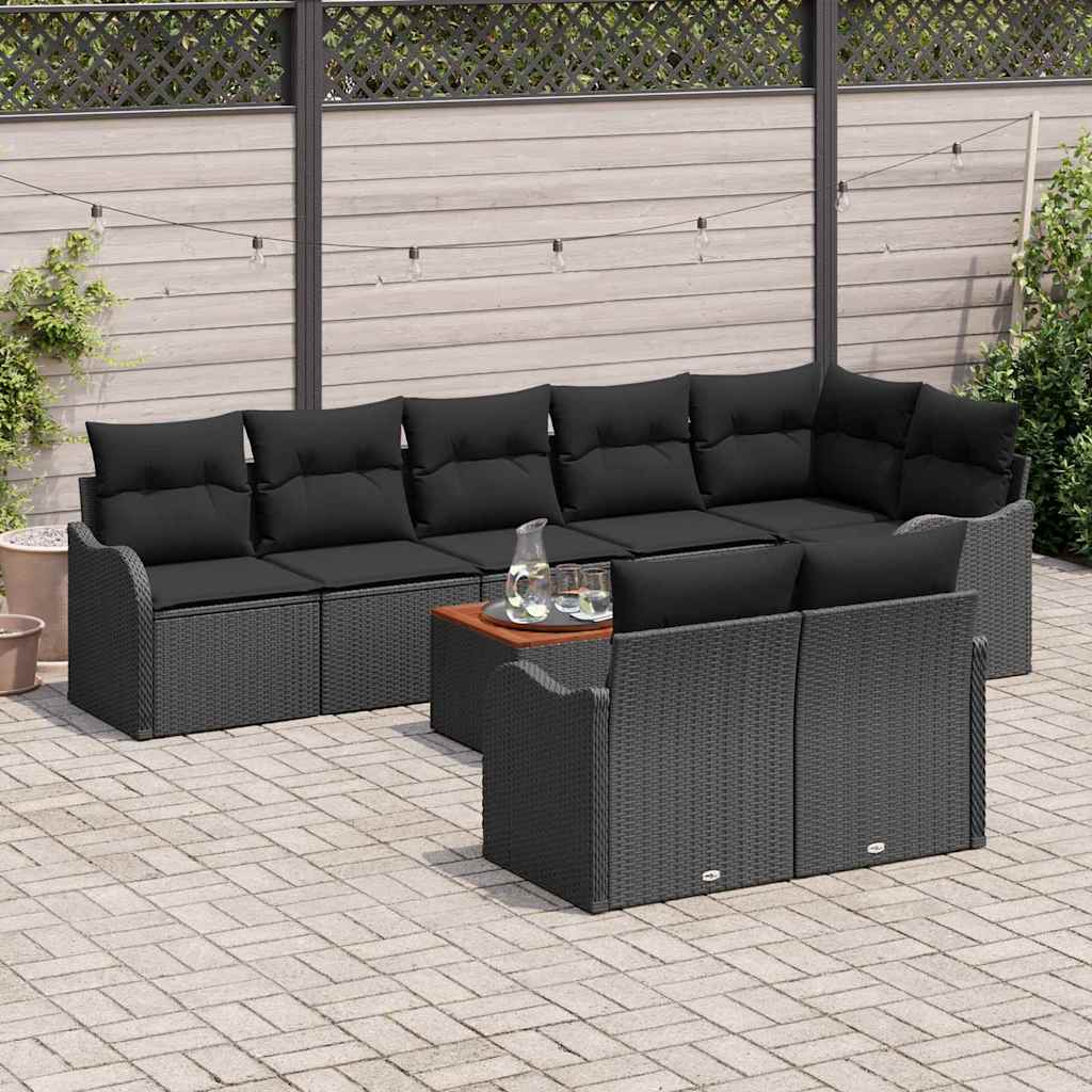 Havesofa Sæt med pude 9 pcs Sort polyrattan