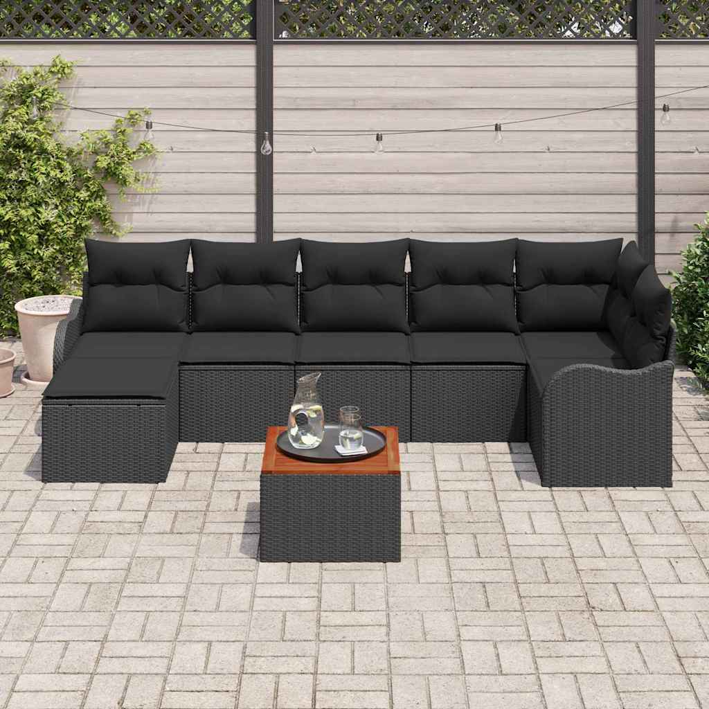 Havesofa Sæt med pude 8 pcs Sort polyrattan